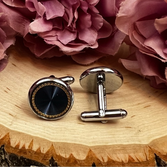 Elegant Royal Blue Gold Outlined Round Cufflinks Tuxedo Studs Formal 8 Pcs Set - Picture 11 of 16